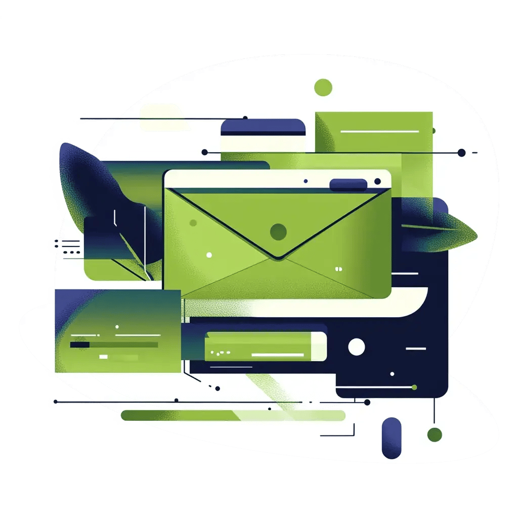 Abstract digital illustration of an email envelope icon displayed on a computer screen, surrounded by green and blue geometric shapes, symbolizing digital communication and messaging technology.