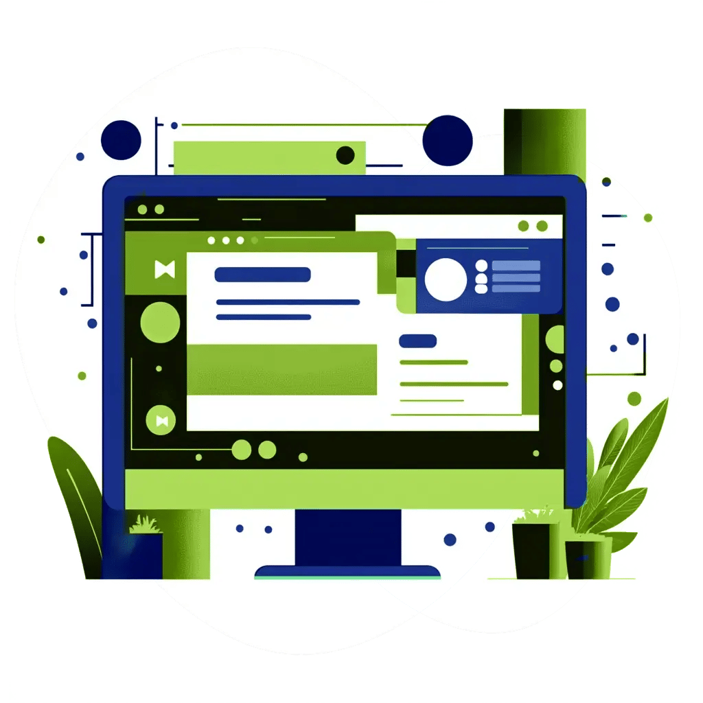 Abstract digital illustration of a computer screen displaying a modern website interface in shades of green and blue, surrounded by stylized plants and geometric elements, symbolizing technology and eco-friendly web design.