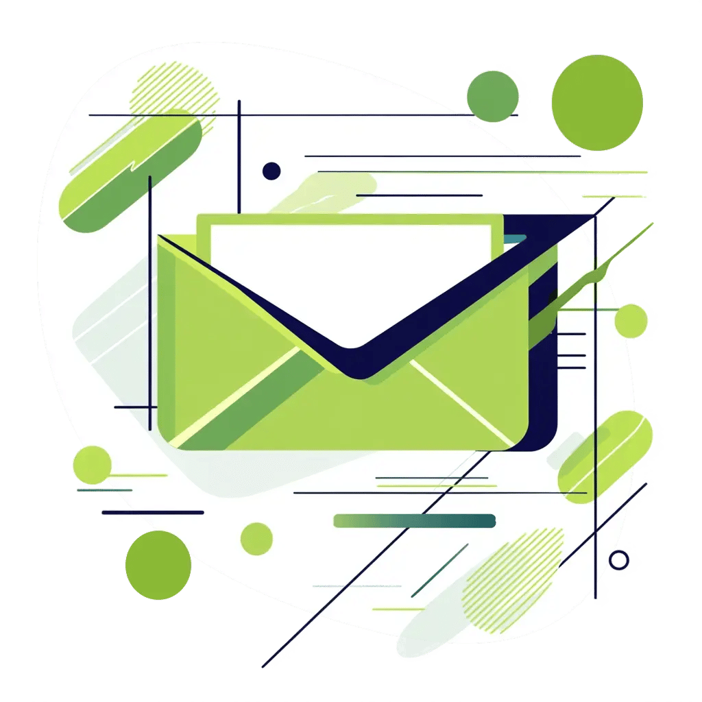 Abstract digital illustration of an open green envelope with a letter inside, surrounded by geometric shapes and lines, symbolizing email communication and messaging technology.
