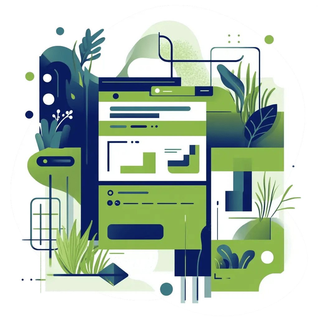 Abstract illustration of a website interface in shades of green, surrounded by stylized plants and geometric shapes, representing eco-friendly or sustainable web design.