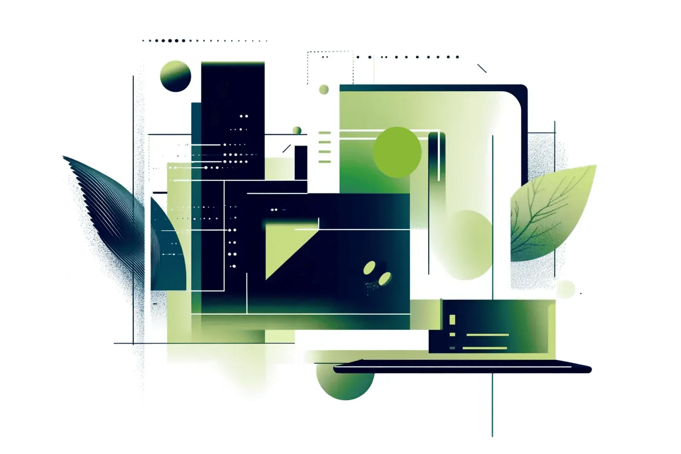 Abstract digital illustration with geometric shapes and organic leaves