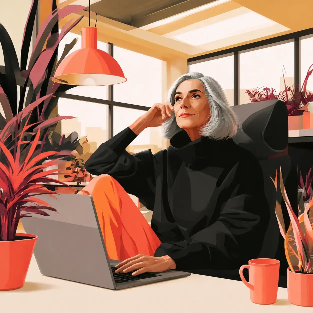 a person sitting at a desk in a brightly lit room with a laptop open in front of them