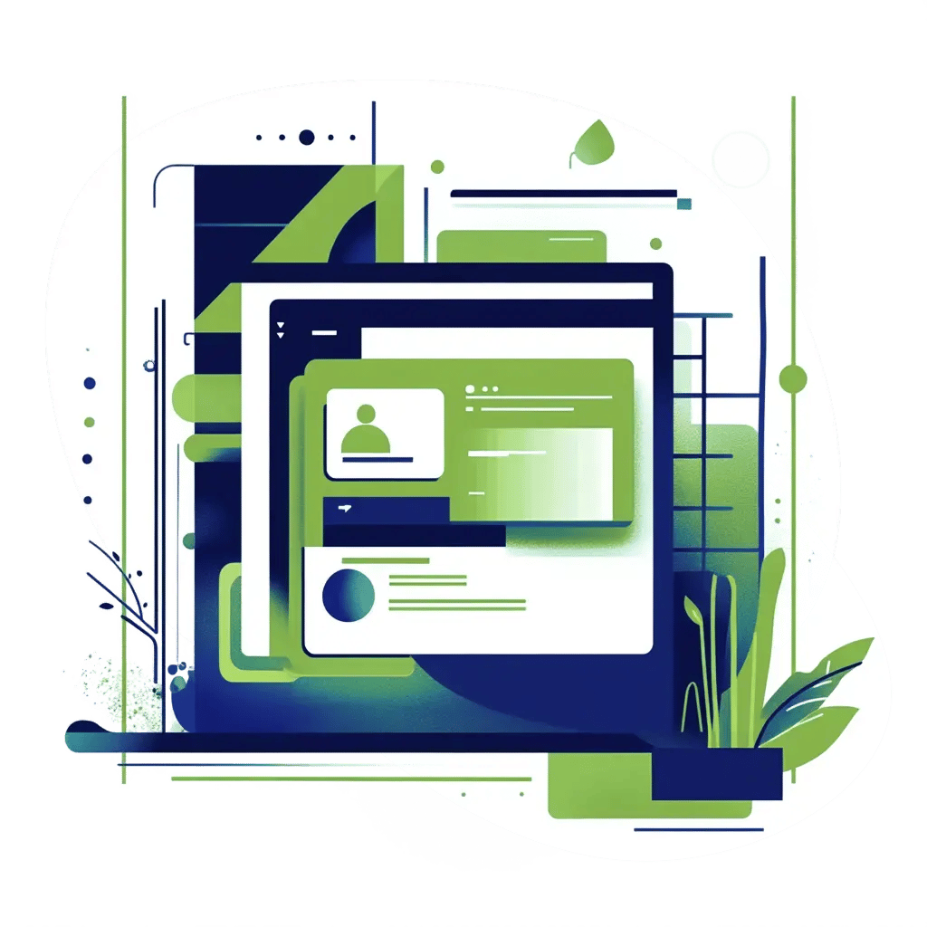 Abstract digital illustration of a laptop displaying a futuristic web interface in shades of green and blue, surrounded by geometric shapes and plants, symbolizing technology and eco-friendly design.