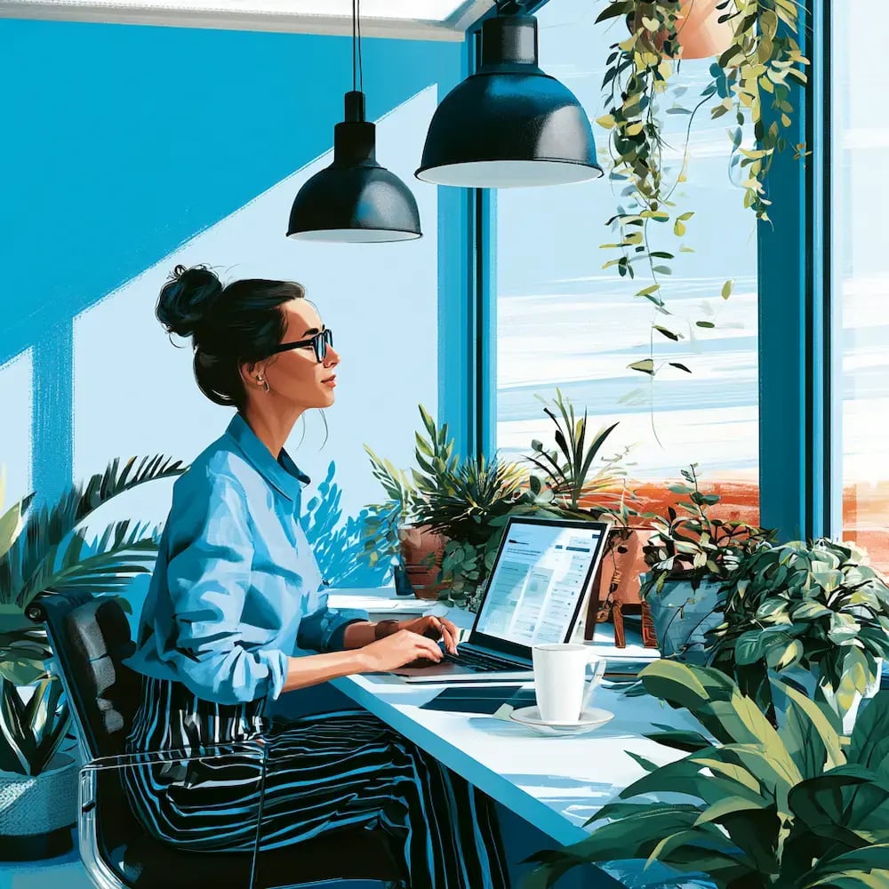Working in an aesthetic blue office with a large window