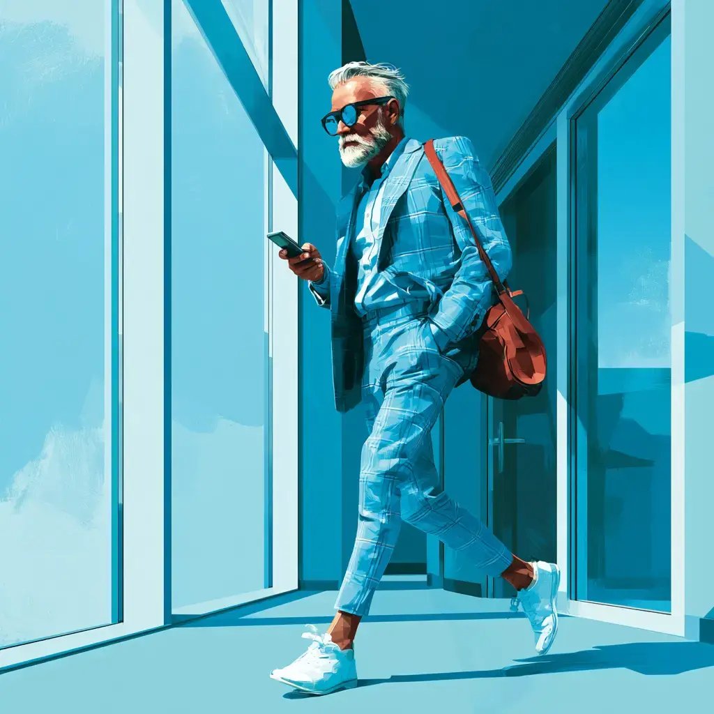 A man with a white beard and glasses is wearing a blue checkered shirt, blue jeans, and white sneakers while carrying a red bag