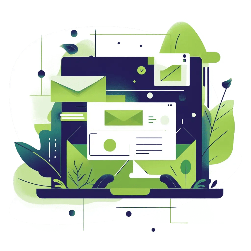 Abstract digital illustration of a laptop screen displaying an email interface, surrounded by green envelopes, leaves, and futuristic design elements, symbolizing email marketing and online communication