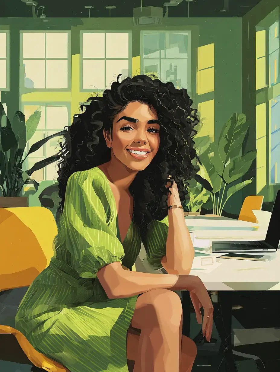 A person with curly hair is sitting at a desk, wearing a green dress, with a laptop and notebooks on the desk, in a room with large windows and plants.