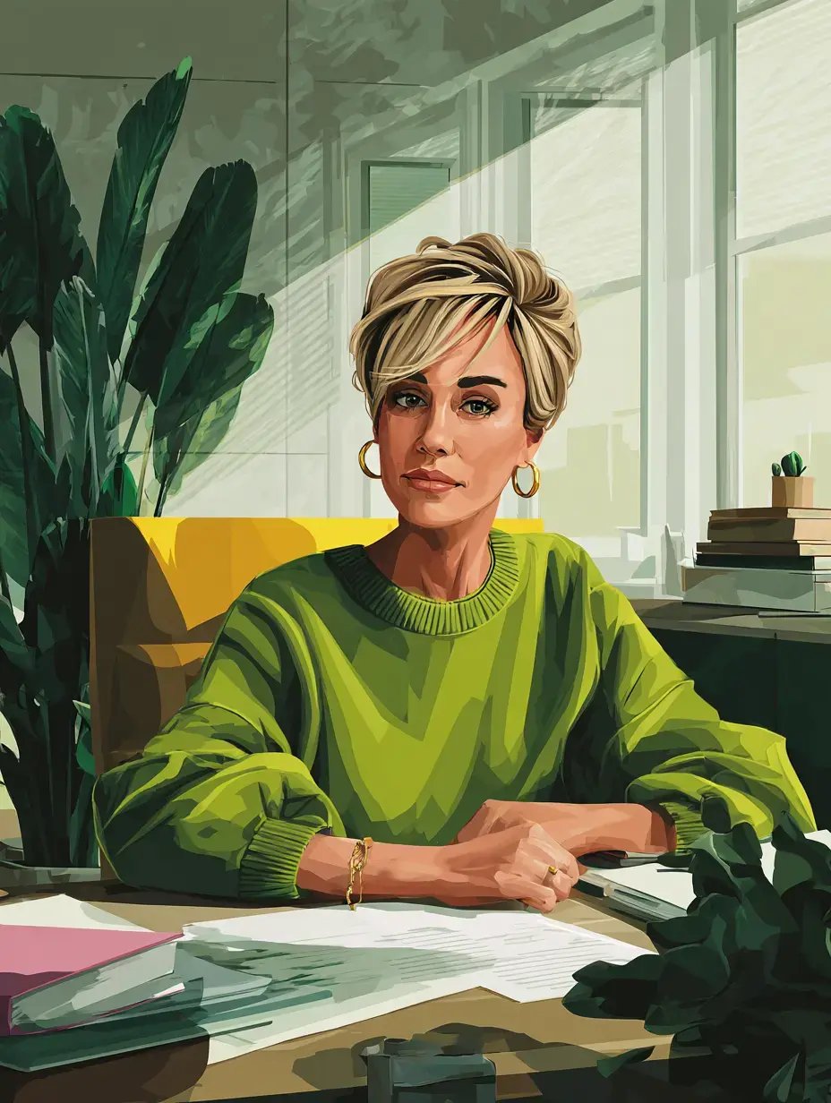 A woman with short blonde hair is sitting at a desk, wearing a green top, with papers and a laptop in front of her.