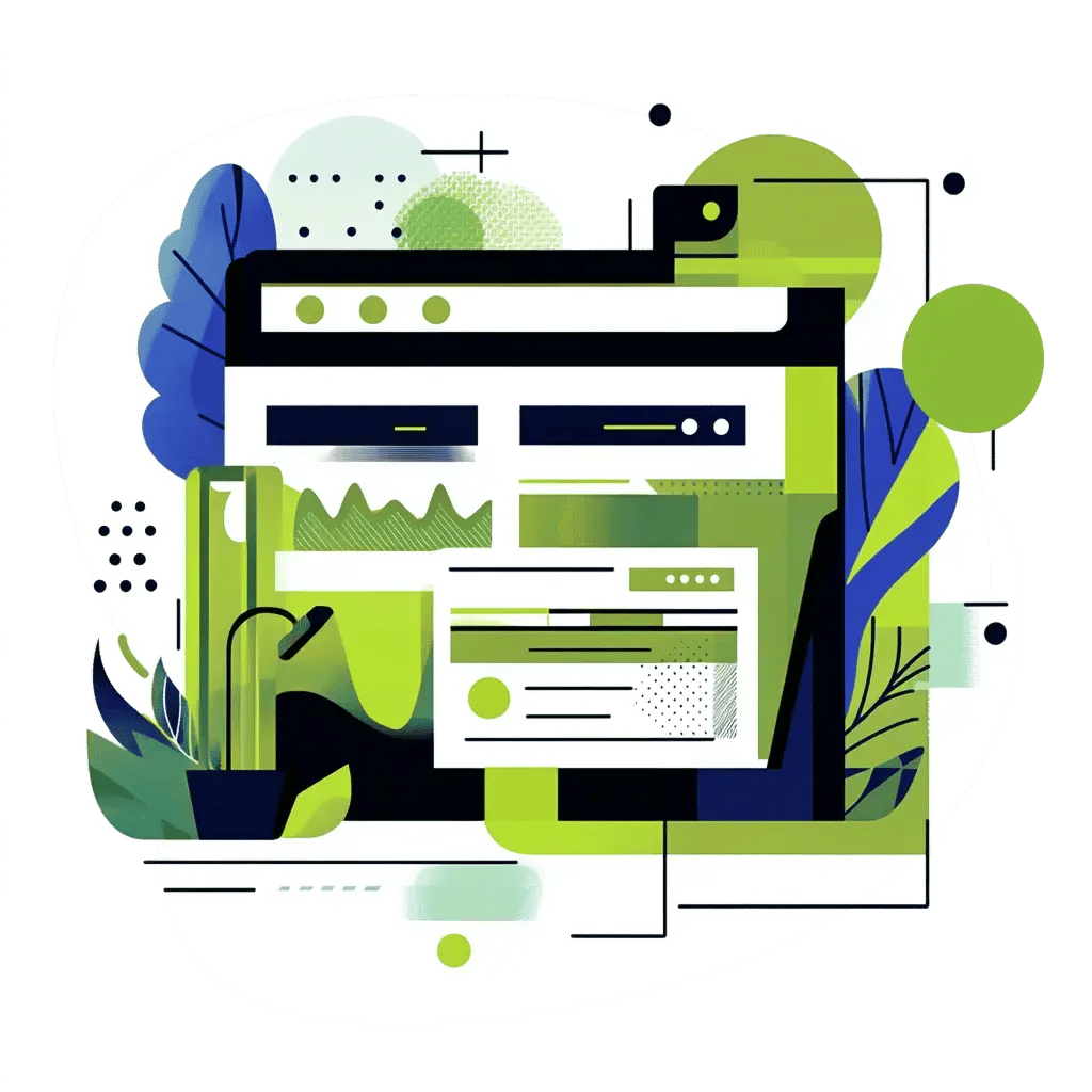 Abstract digital illustration of a web interface with green and blue elements, surrounded by plants and organic shapes, symbolizing eco-friendly technology and sustainable web design.