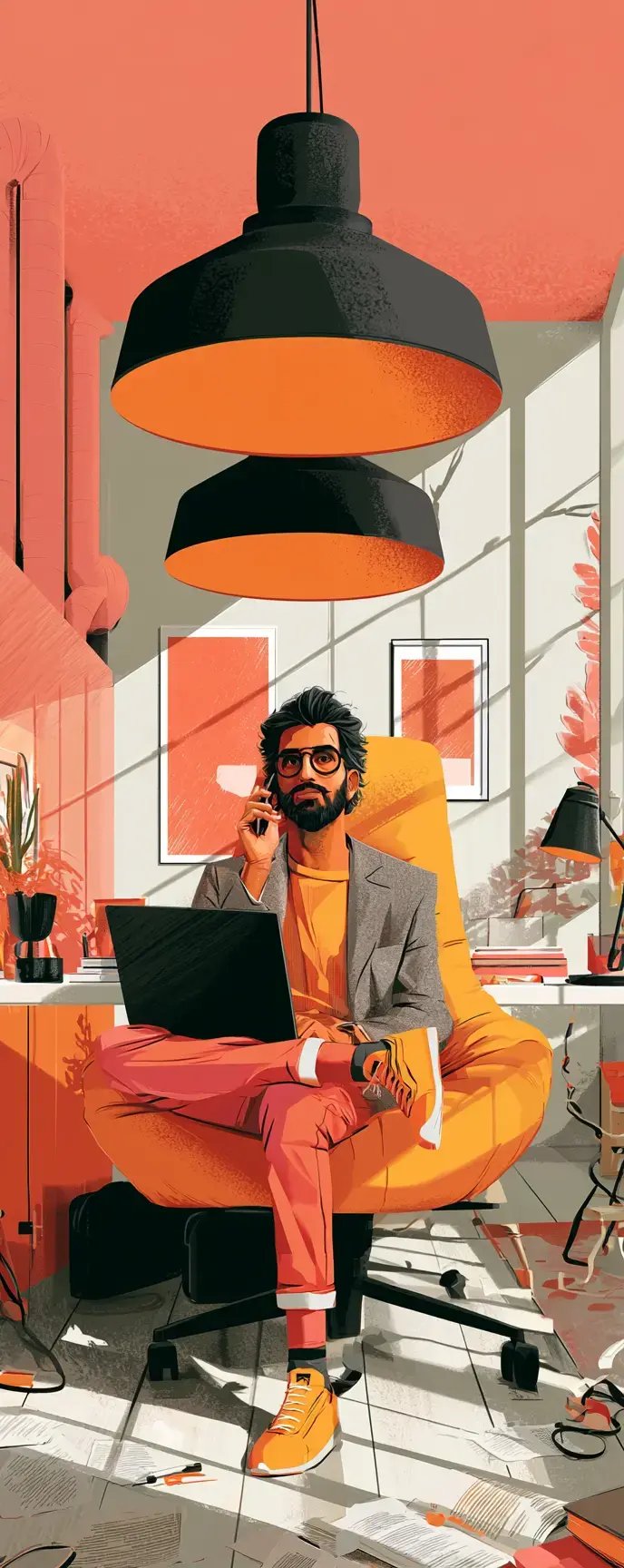 stylized illustration of a person sitting on a chair in a modern office