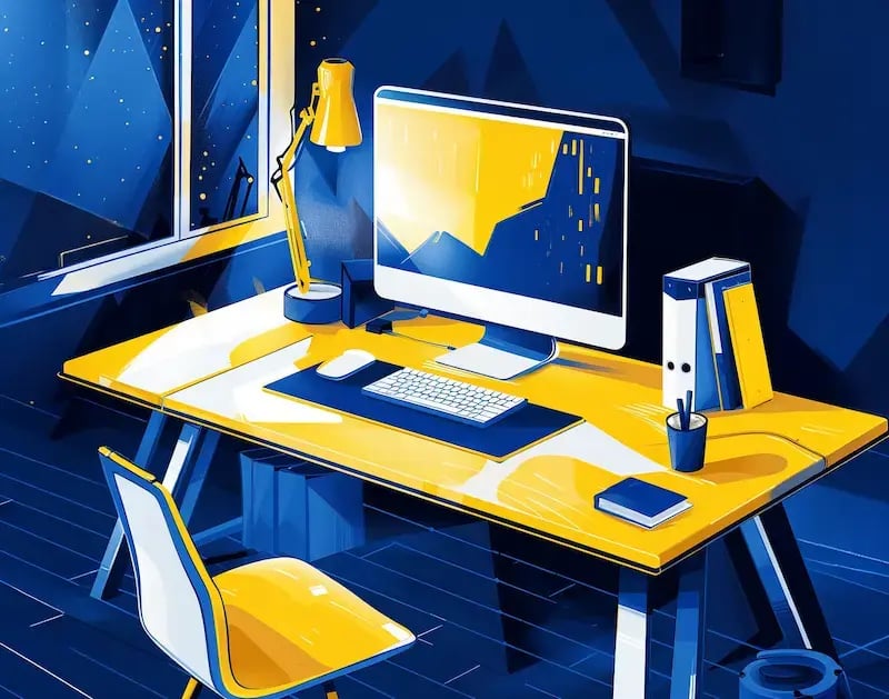 Stylized workspace with a large monitor displaying a graph. The room has a blue and yellow color scheme with geometric patterns on the walls, and there's a yellow chair and a potted plant on the desk.